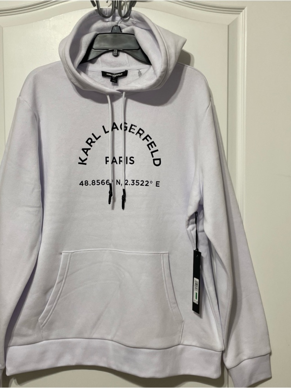 NWT Karl Lagerfeld Paris Logo Patch Hoodie Men Large White Long Sleeve Pullover